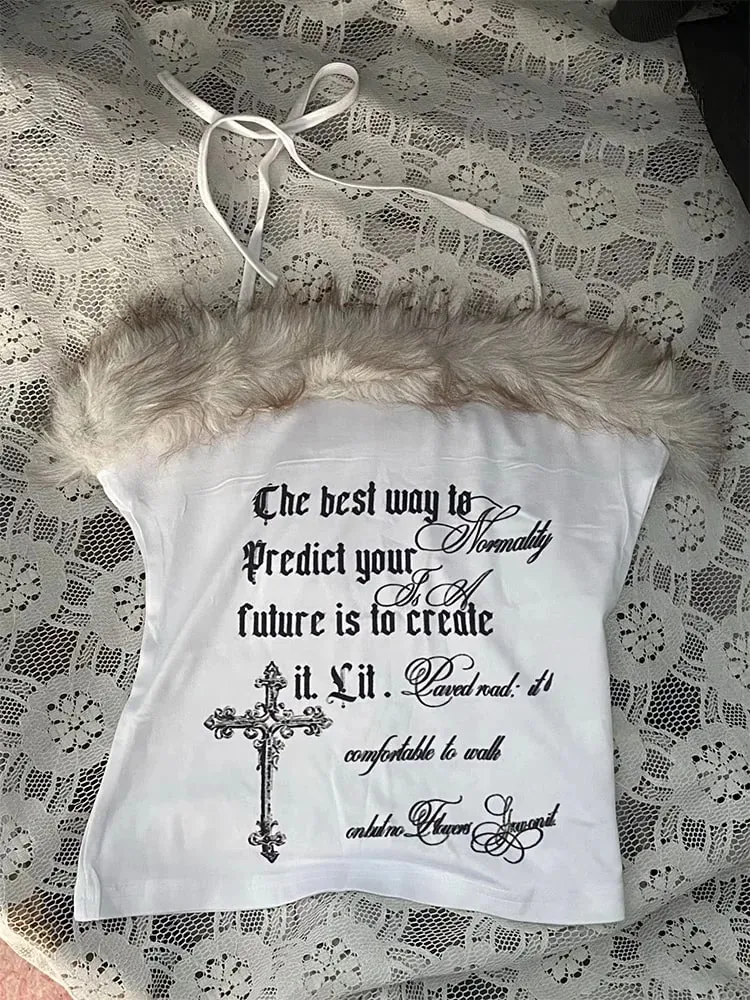 2026 Summer Women Y2K Grunge Goth Streetwear Sexy Faux Fur Trim Cross Letter Print Slim Fit Cropped Halter Neck Cami Tank Top — image 5
