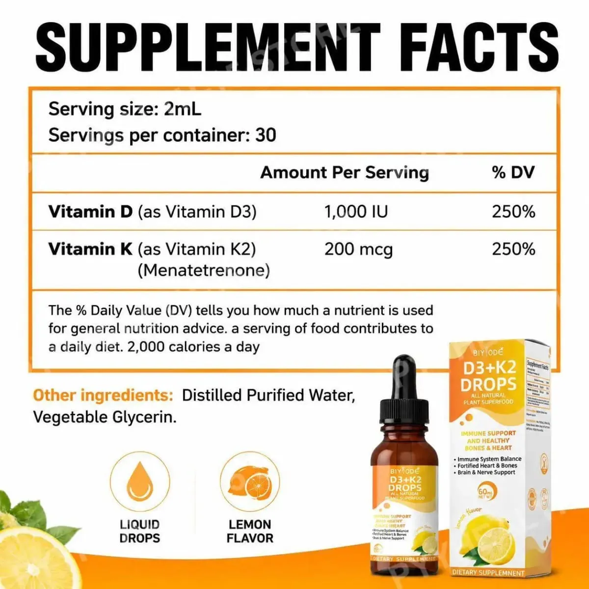 Vitamin D3 K2 Liquid Drops Calcium Absorption and Bone Support 1000 IU D3 with K2 Lemon Flavor 60 ml 30 Servings — image 3