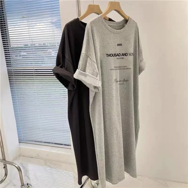 Short-sleeved Dresses Women's Summer Plus Size Medium-length T-shirt Dress Knee-length Casual Long Dress — image 1