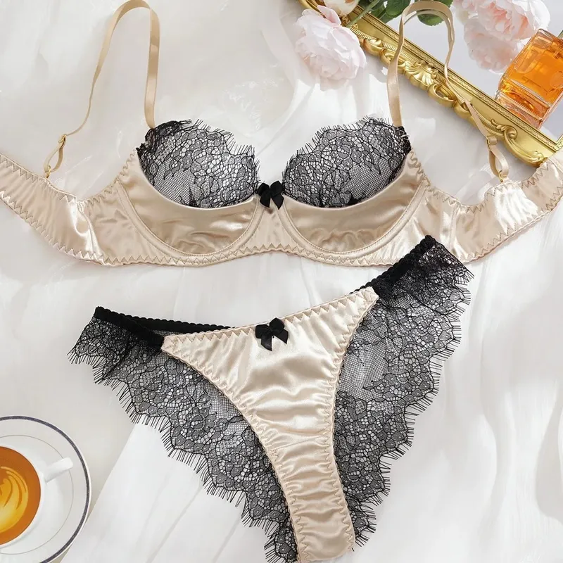 Satin Fabric Eyelash Lace Patchwork Ultra Thin Unlined Bra Sets Underwear with Underwire Sexy Lingerie Women Brassiere