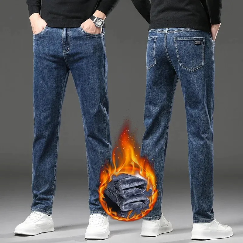 2027 New In Slim Straight Elastic Denim Winter Fleece Thick Warm Jeans Men's Pants Casual Male Clothing Fashion Plush Trousers — image 5