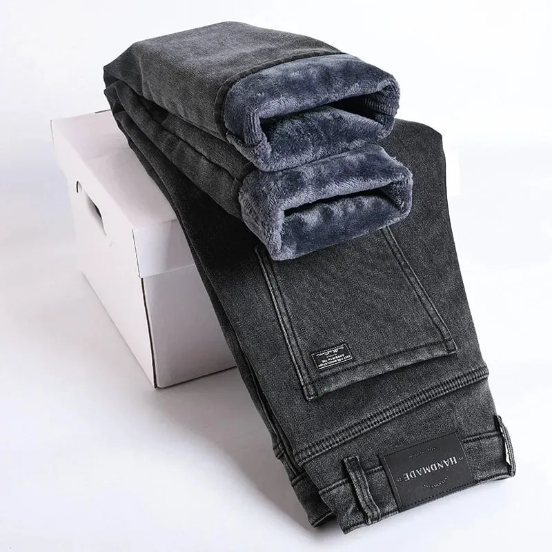 2027 New In Slim Straight Elastic Denim Winter Fleece Thick Warm Jeans Men's Pants Casual Male Clothing Fashion Plush Trousers — image 11