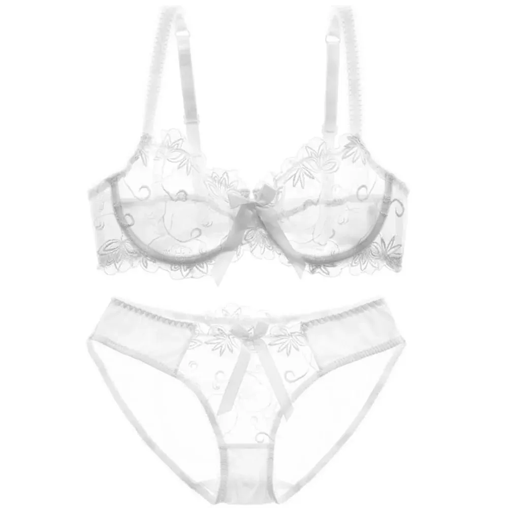Women Sexy Sheer Mesh Lace Bra Set Thin Minimizer Big Bust Bowknot Pure Desire Lingerie Brassiere Underwear 34‑40 BC — image 6