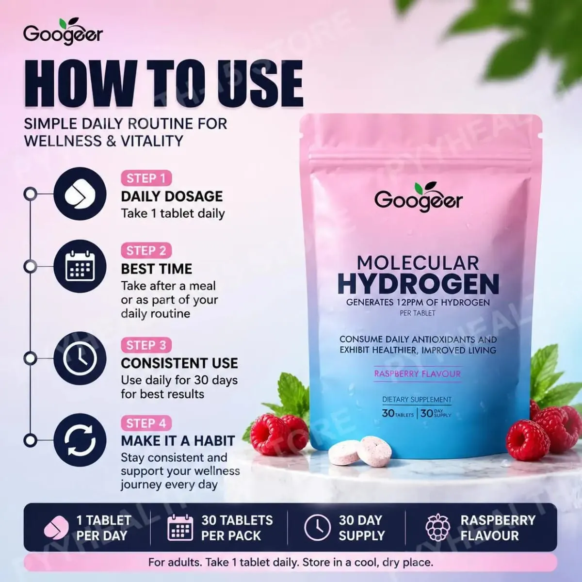 Molecular Hydrogen Water Tablets 12 PPM with Magnesium Raspberry Flavor Daily Wellness and Antioxidant Support 30 Tablets — image 5