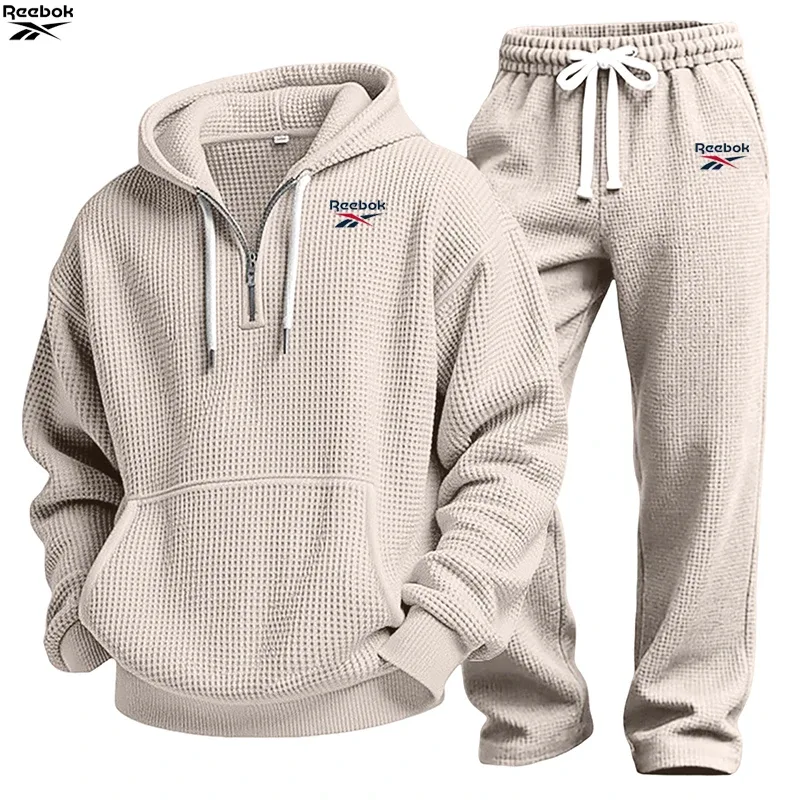 2026 Reebok Brand Spring-Autumn Men's Hooded Sweatshirt Set - Retro Solid Color Loose Fit Street Style Half-Zip Hooded Shirt - C — image 8