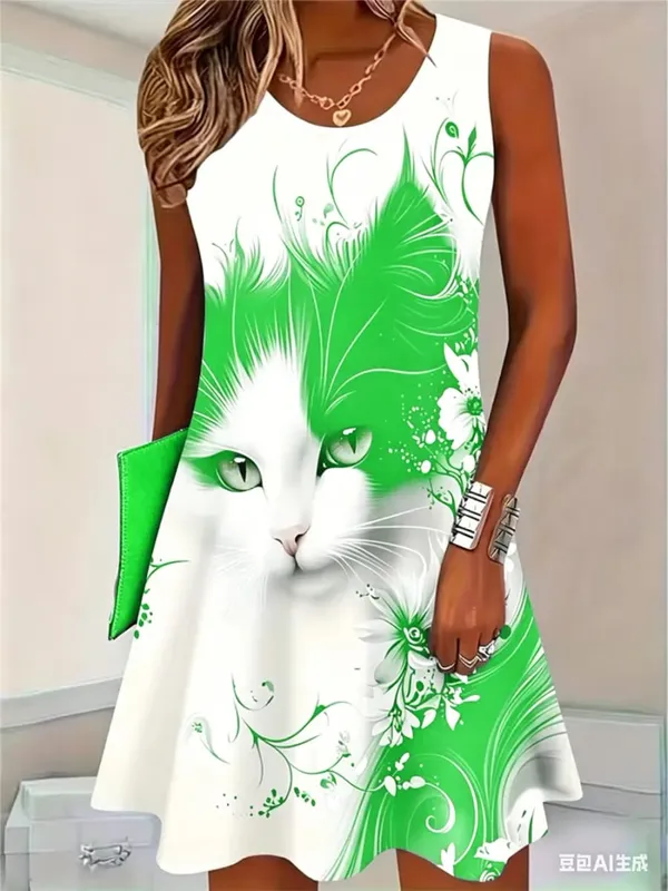 2026 New Fashion Cat Pattern Women Mini Dresses Summer Sleeveless 3D Printed Street Hip Hop Ladies Dress 3XL Plus Size Dress
