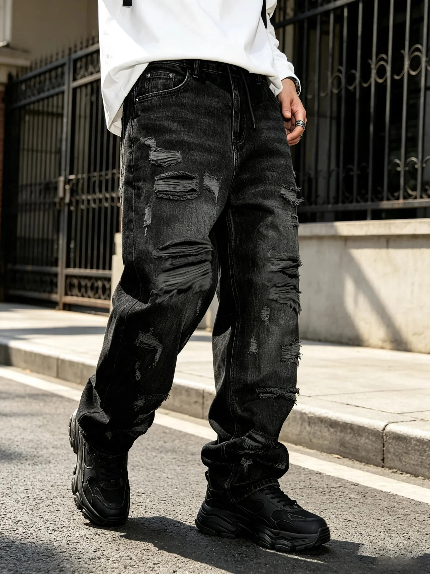 Men Black Ripped Baggy Jeans Y2K Streetwear Denim Pants Vintage Punk Distressed Loose Trousers Drip Swag Alternative Clothes Man — image 6