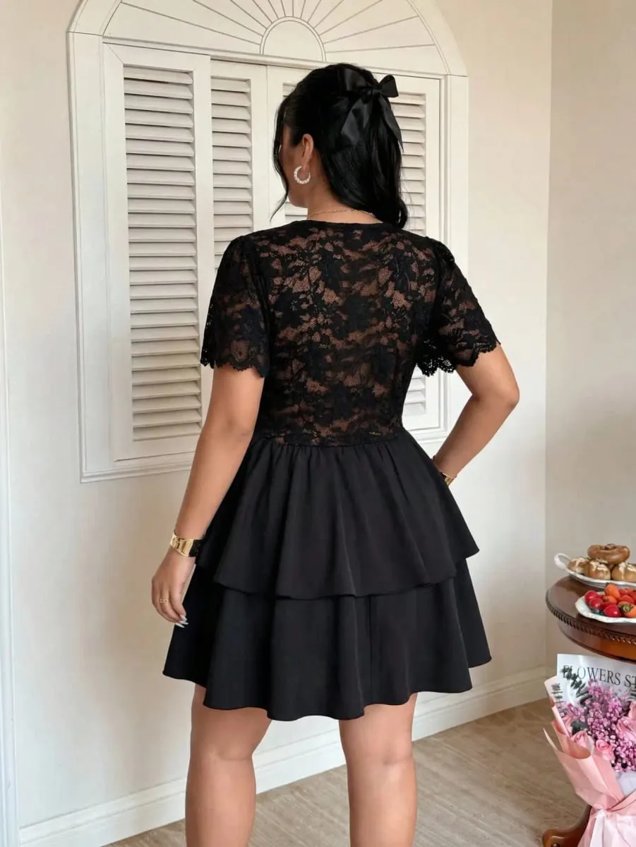 Elegant Lace Hollow Patchwork Cake Dress Plus Size Women's Dress Summer Vintage Ruffle Hem Party Evening Gown — image 3