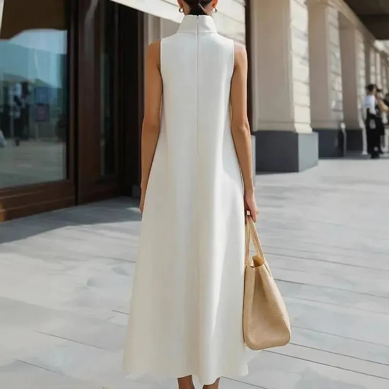 Simple Fashion Single Button High Neck Maxi Dress Women Spring Solid Pocket A-Line Long Dress Summer Sleeveless Bohemian Dresses — image 2