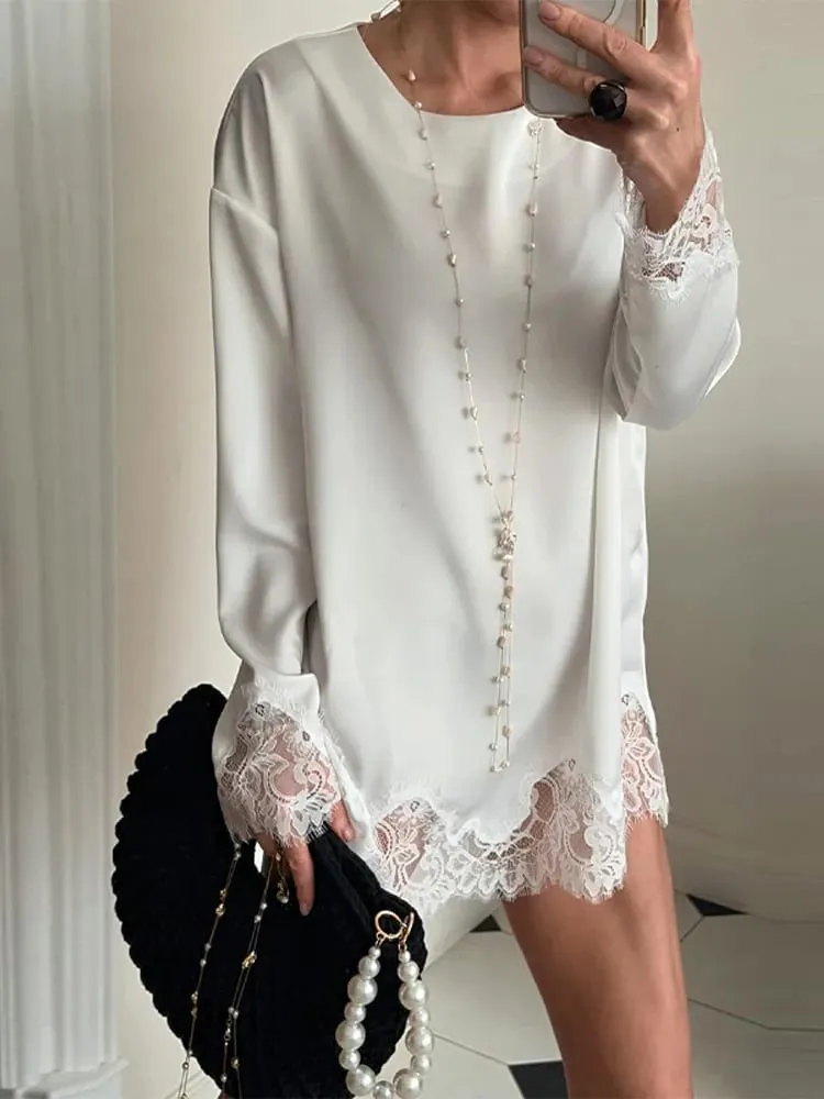 Satin Lace Patchwork Dress Women Long Sleeve O-neck Casual 2026 Spring Female Dresses Casual Solid Beach Robe Not Contain Pearls — image 3
