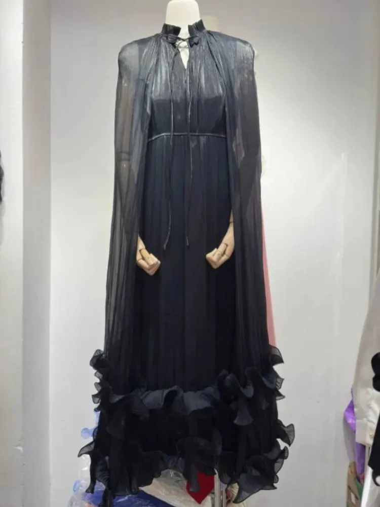 Commuting Style V-neck Cape Style Black Fungus Edge Double-layer Hem Dresses For Women 2026 Autumn New — image 4