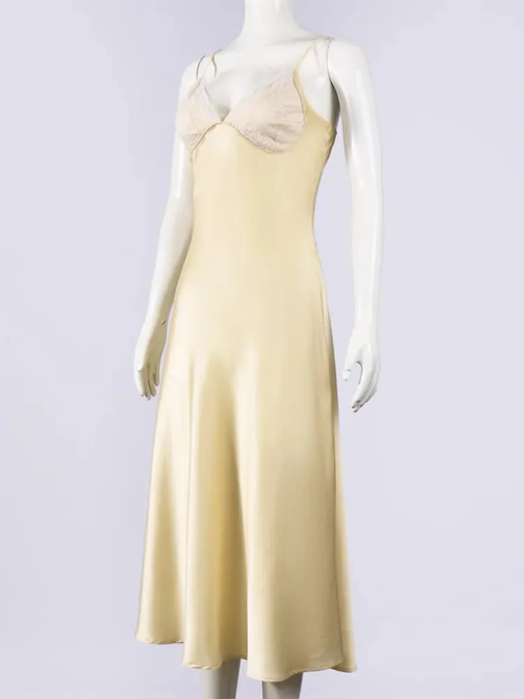Abito sexy in raso giallo con patchwork in pizzo, cinturino per spaghetti, senza maniche, scollo a V, taglio diagonale, abiti femminili, abito da sera estivo 2026 — image 6