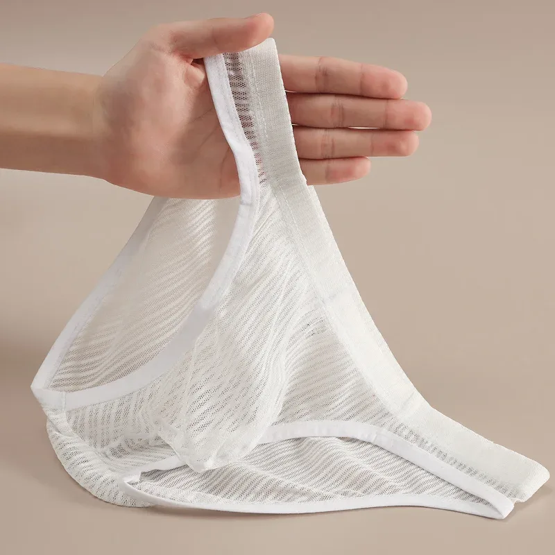 Men Briefs Stripe Mesh Ice Silk Underwear Ultra-Thin Bikini Breathable Translucent U Convex Pouch Exotic Lingerie String Homme — image 1