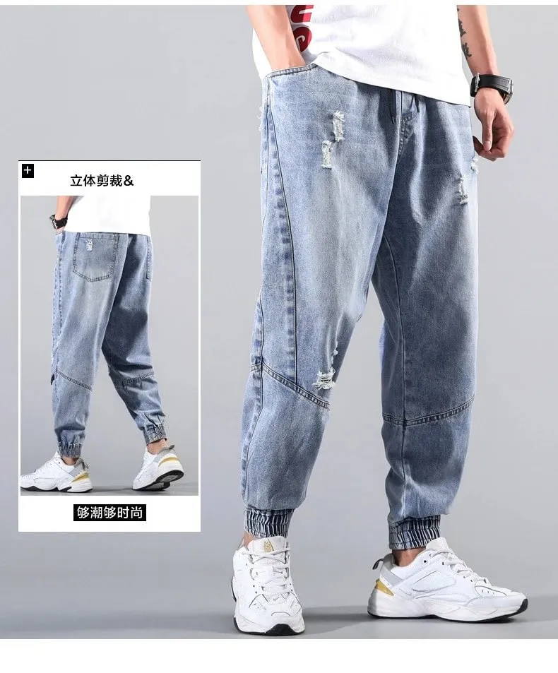 Street Elastic Jeans Men Denim Cargo Pants Wash Solid Color Multi Pockets Casual Mid Waist Trousers Daily Wear Joggers