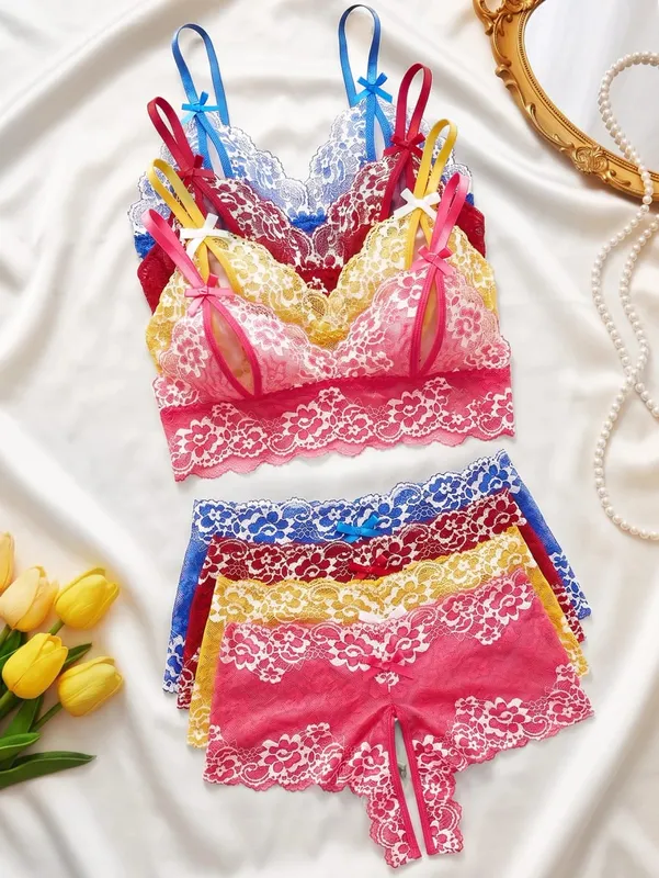 4 Sets Combined Romantic Lingerie Open Bra Transprent Underwear Set Crotchless Lace Pullover Outfits Embroidery No Pad Wireless — image 11