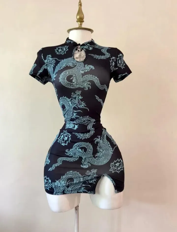 National Trend Style Dragon Pattern Improved Cheongsam Short-Sleeved Stand-Up Collar with Buttoned Sexy Slit Short Skirt — image 4