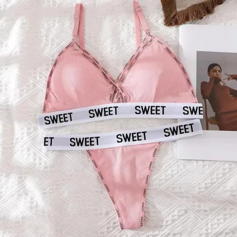 Women Padded Bra And Panties Set Front Cross Wireless Bra Low Rise G-string Female Letter Strap Underwear Sexy Lingerie Set — image 8