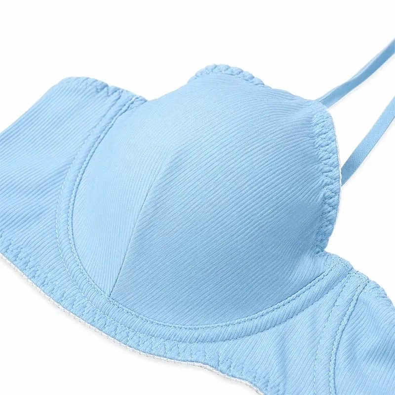Women Solid Ribbed Lingerie Set Underwire Thin Cup Bra Matching Low Rise Thong Soft Daily Intimates — image 4