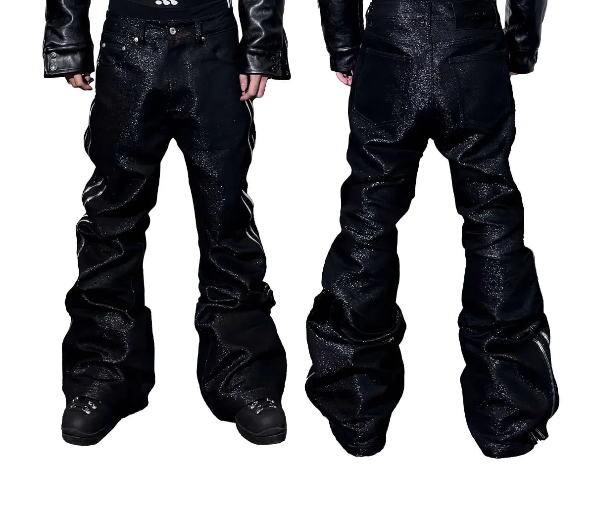 High Quality Silver Thread Woven Metal Texture Bootcut Jeans Man Side Double Zippers Gothic Punk Stacked Jeans — image 8