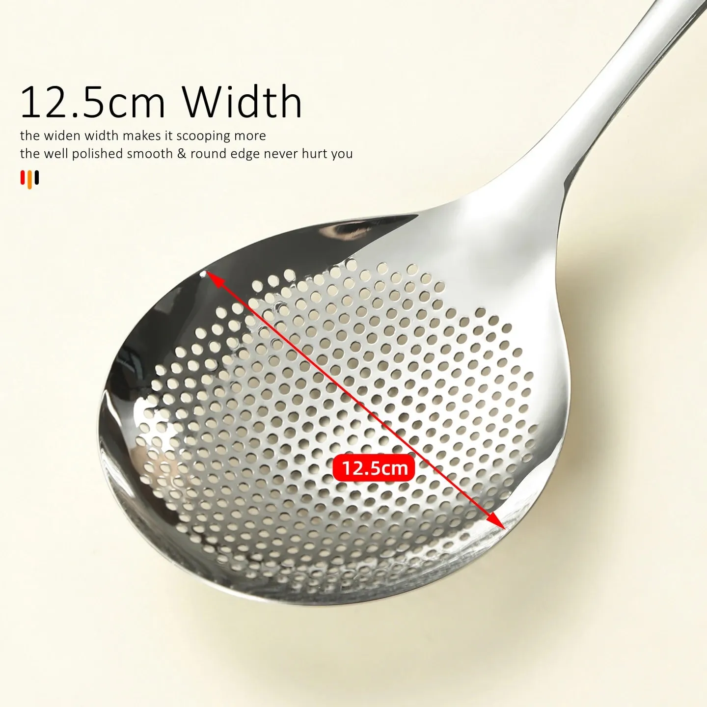 LFGB Certified Pure 304 Stainless Steel Kitchen Cooking Colander Ultra Thick 33cm Handle 12.5cm Head Sieve for Potato Frying