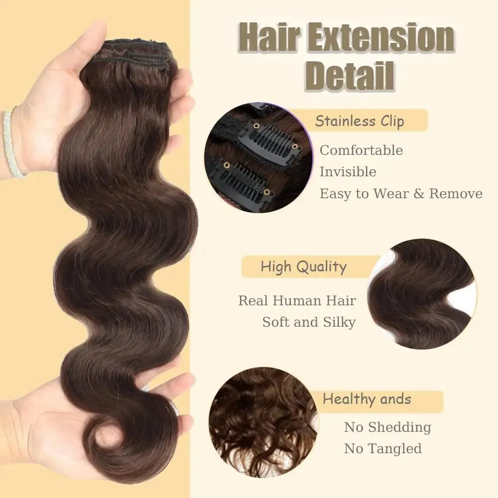 #4 Body Wave Clip In Hair Extensions 100% Real Human Hair Chocolate Brown Clip In Human Hair Extensions 120g/8pcs For Woman — image 5
