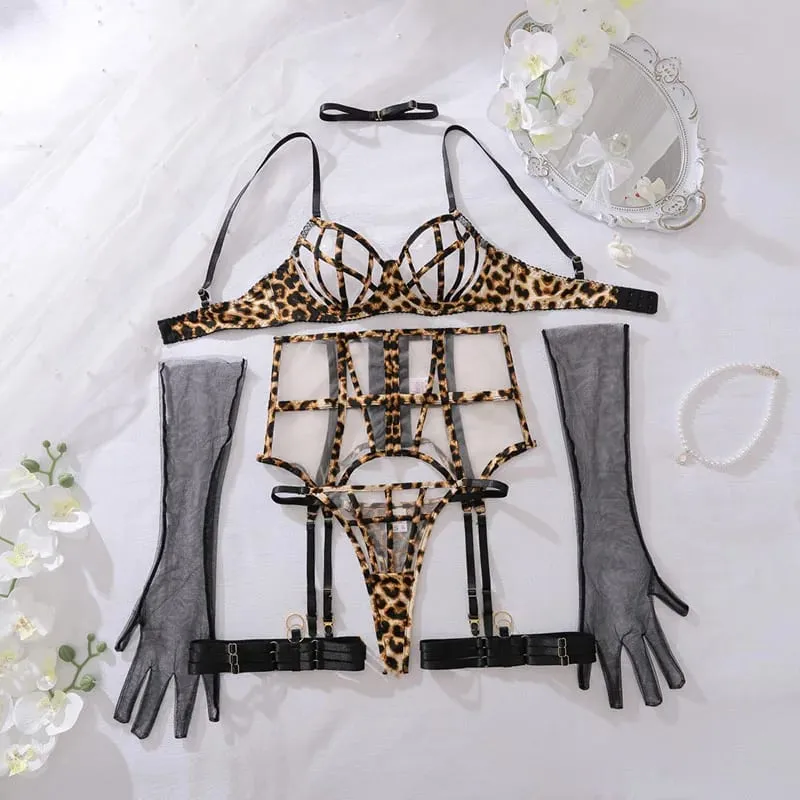 Ellolace Premium Sexy Female Lingerie Luxury Leopard Diamond Bra Underwear With Choker Gloves Sissy Intimate Hot Women Outfit