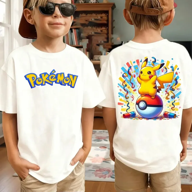 Summer Pokémon AnimeT-shirts Boys Pure Cotton Short-sleeved Top Casual Suitable for Both Boys and Girls Parent-child Outfits. — image 11