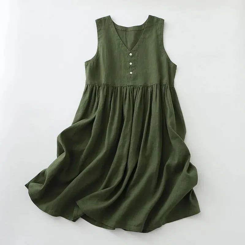2026 Women's Cotton Linen Sleeveless Dress Casual Button Down Loose Midi Dresses for Summer Women's Casual Dresses Y2K Clothes — image 5