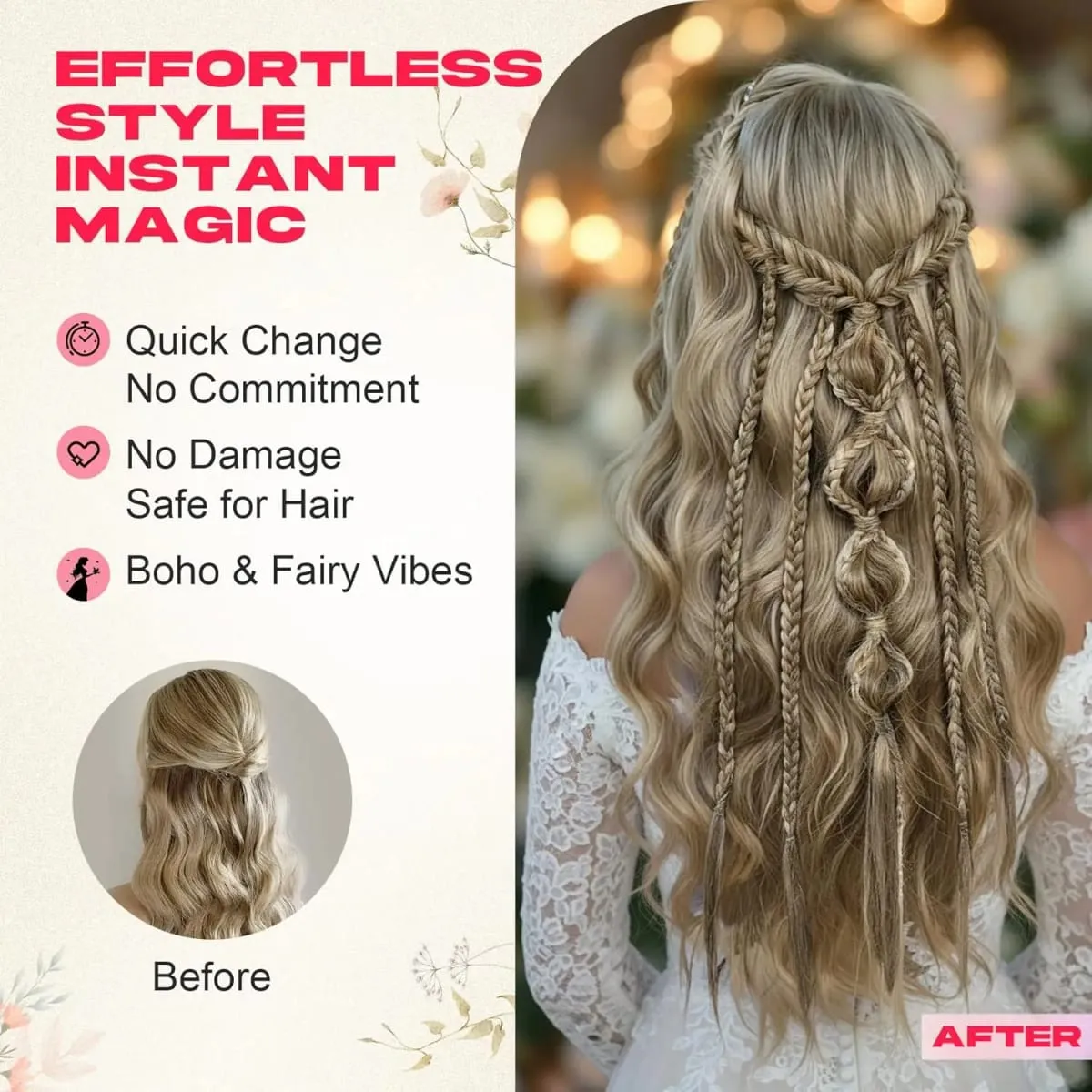 Synthetic Clip in Braid Hair Extensions - Boho Festival Princess Braid Hair Extension Fairy Cosplay Wedding Hairpiece for Women — image 4