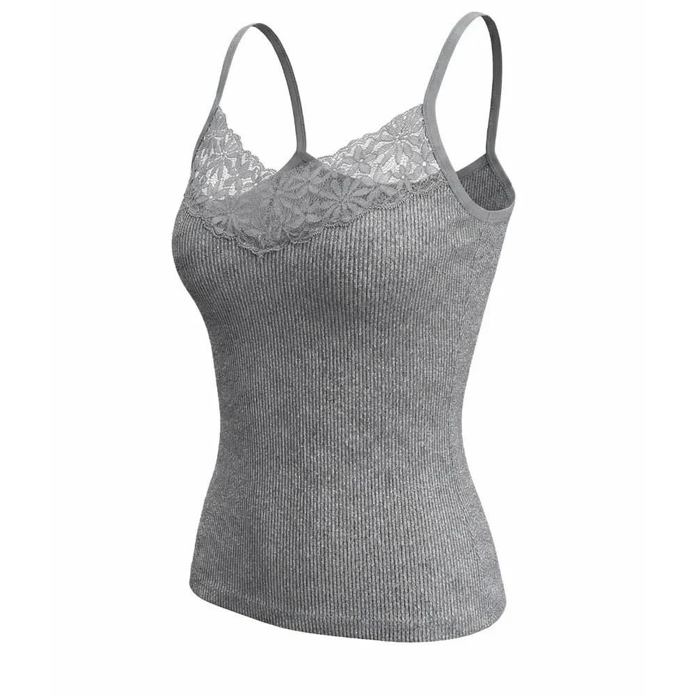 Solid Color Lace Tank Tops Ribbed Texture V Neck Design Ribbed Camisole Y2k Style Elastic Fabric Elastic Tank Tops For Women — image 2
