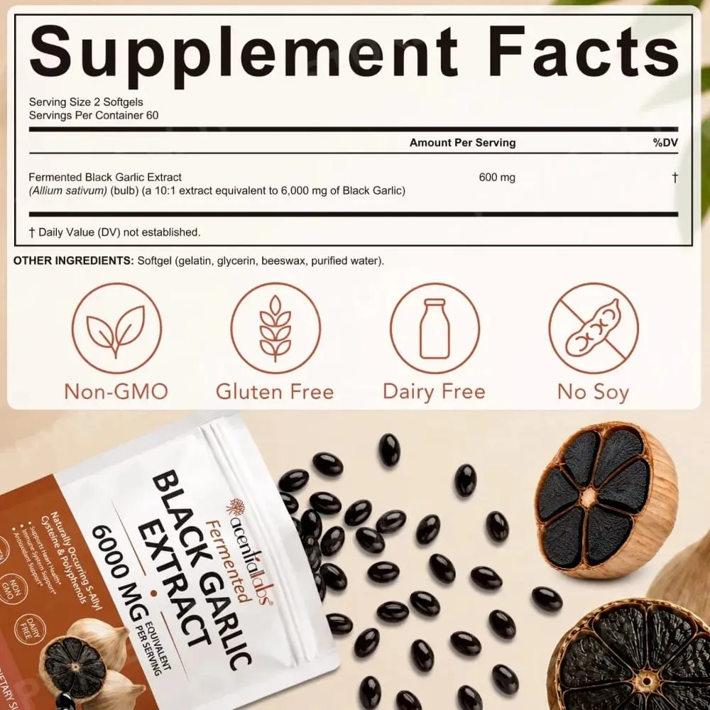 Black Garlic Extract Softgels 600mg 10:1 Concentrate for Heart Wellness Immune Support Digestive Balance Vitality 120 Count — image 2