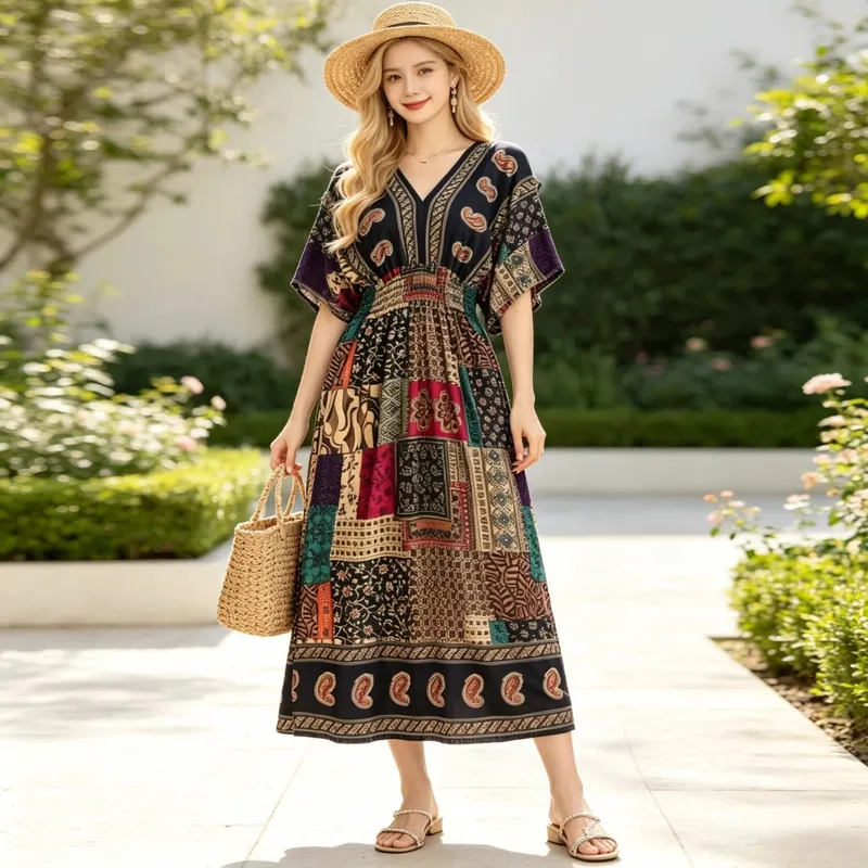 Boho Holiday Women V-Neck Batswing Short Sleeve A-Line Midi Dresses Slim Elastic Waist Casual Vintage Office Lady Elegance Dress