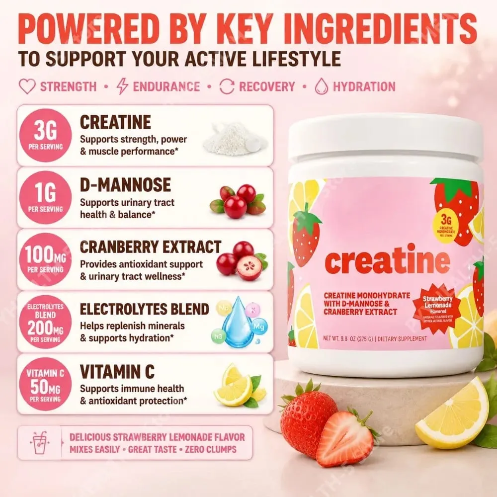 Creatine Monohydrate Powder Supplement 3g Serving Vegan Formula Strawberry Lemonade Flavor Zero Sugar for Active Lifestyle — image 5