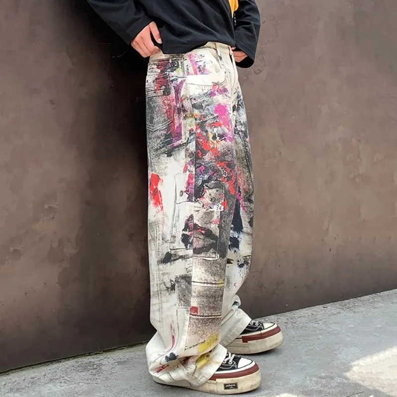 Edgy Men's Splatter Paint Jeans Black White Print Wide Leg Baggy Fit Distressed Streetwear Premium Denim Pants 9X2984 — image 4
