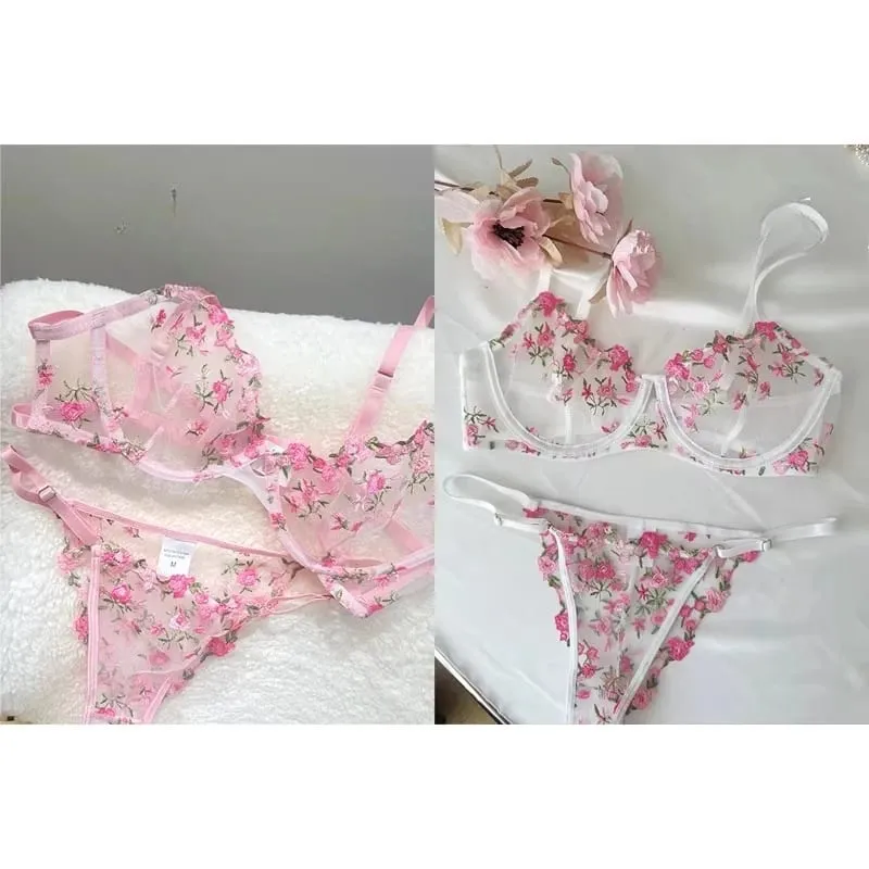 Korean Hot Lace Bra Set Floral Embroidery Transparent Mesh Ultra Thin Big Bust Modest Summer Ladies Daily Wear Underwear 32-38 — image 1