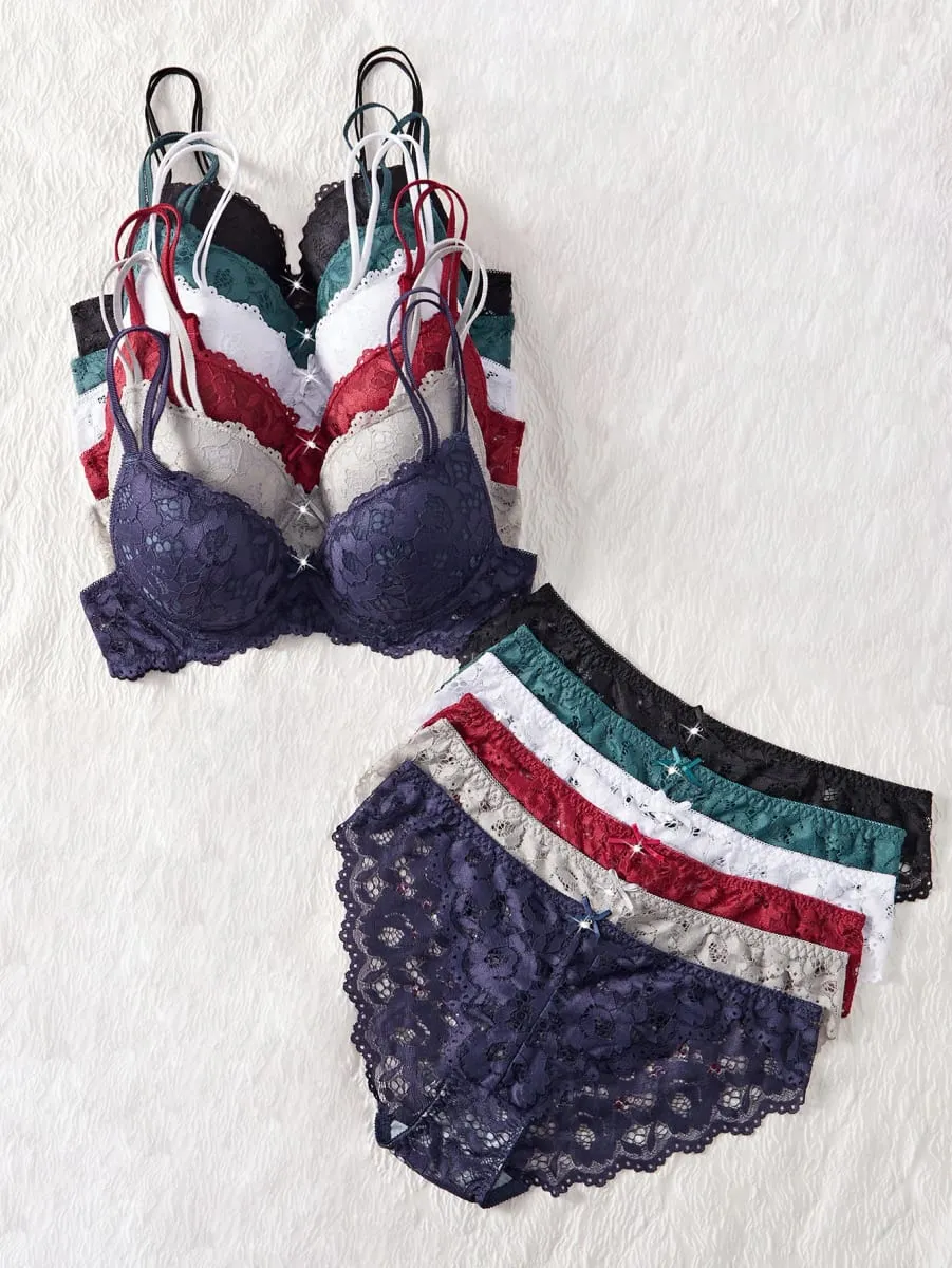 6-Piece Set Women's Bra and Panties Set Sexy Patterned Lace Patchwork No Lining Comfortable Fitting Women's Push-Up Bra Women's Underwear Set — image 3