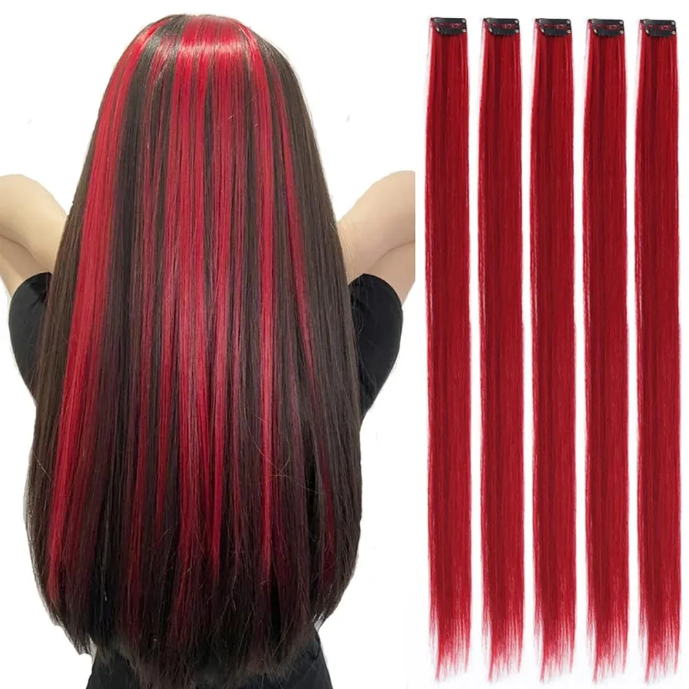 Synthetic Colorful 5pcs/set Clip Hair Extensions High Temperature Long Straight Hairpieces for Women Daily Party Use — image 2
