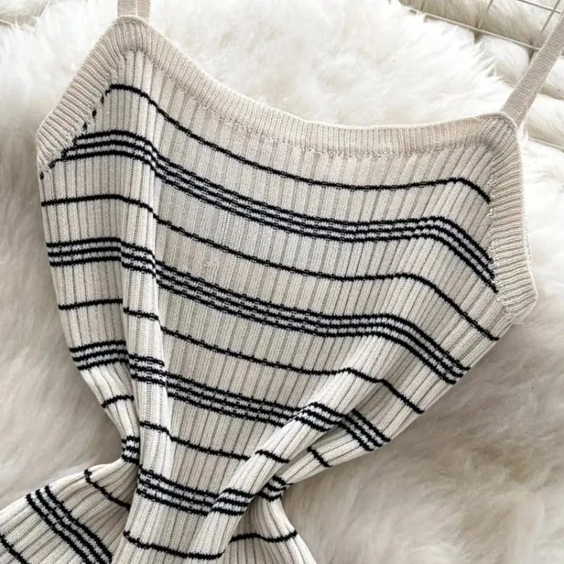 Summer Women Sexy Sleeveless Off Shoulder Sundress Knitted Camisole Dress Metal Star Hit Striped Short Bodycon Wrap Dress — image 4