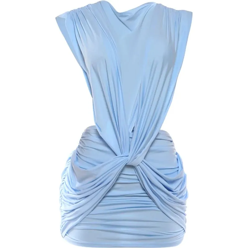 Nibber Folds Dress Wome Kink Deep v-Neck Sleeveless Solid Summer Trend Skinny Cross Waistless Stretch Beach Party Mini Bodycon
