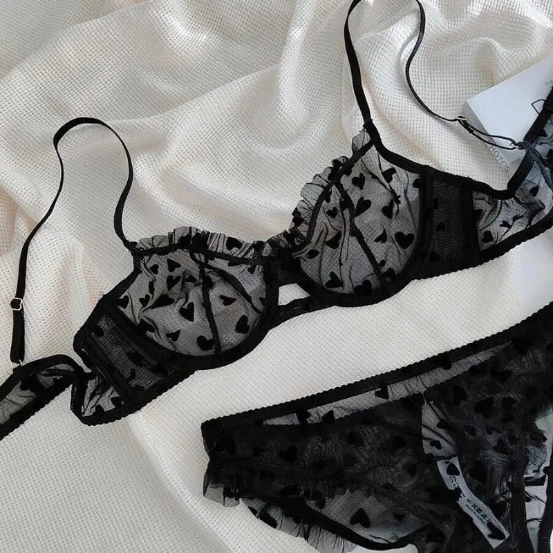 French Heart Print Transparent Lingerie Set Ultra Thin Underwire Bra Lace Sexy Push Up Gathering Small Breast Boost Hot Selling — image 3