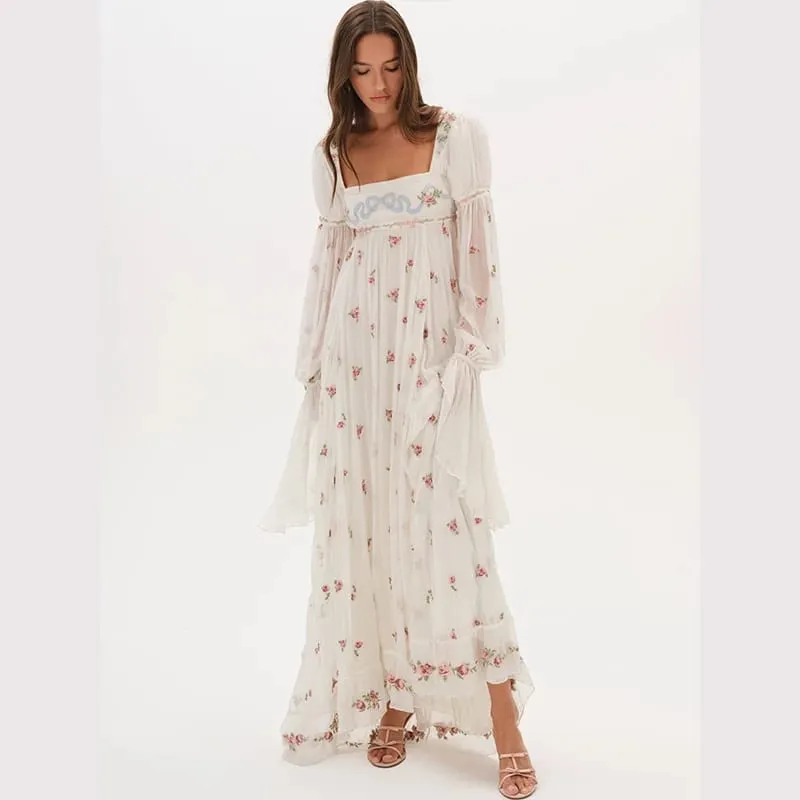Cottagecore Floral Maxi Dress Women's Square Neck Long Puff Sleeve Empire Waist Chiffon Flowy Vintage Boho Wedding Guest Dress — image 3