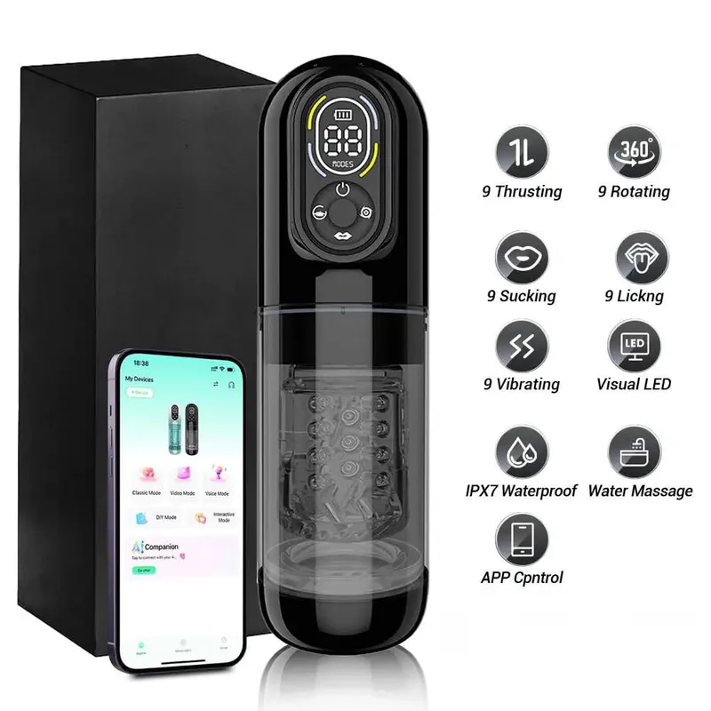 Male Masturbator Penis Pump for Men Automatic Thrusting Rotating Vibrating Sucking Licking Mode LCD Pocket Pussy Adult Sex Toys