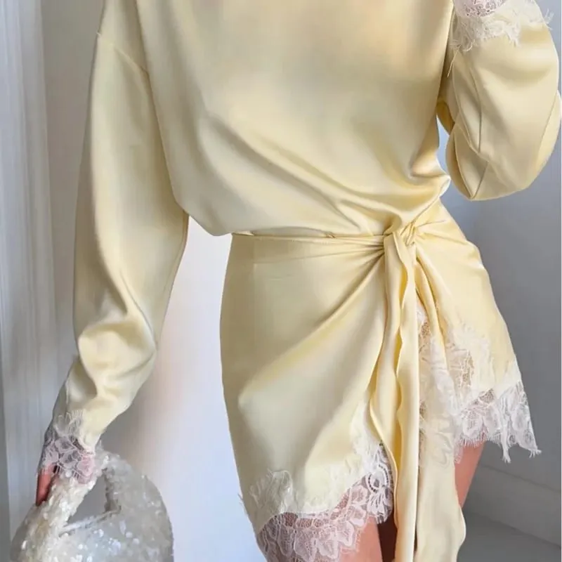 Elegant Women's Dress O-neck Full Sleeve Loose Solid Lace Hem Female Short Dresses 2026 Spring Summer New Sexy Fashion Lady Robe — image 10