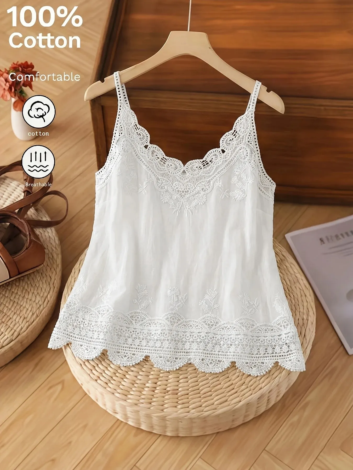 Stylish Women's Elegant Embroidered Lace Camisole Bohemian Casual Summer Holiday Ladies Tops — image 6