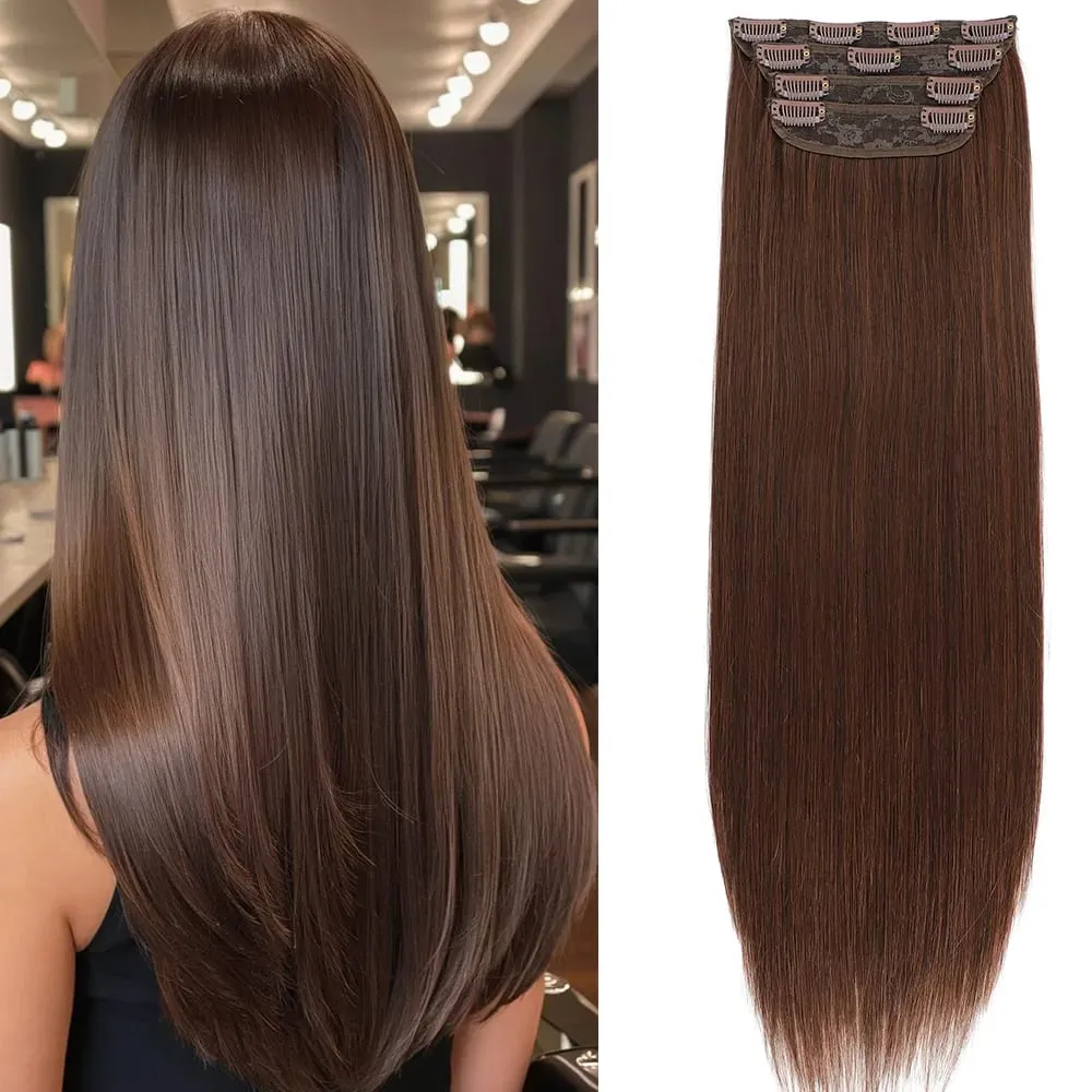 4Pcs 24 Inch Clip In Hair Extensions 200g Colored Brown Blonde Synthetic Heat Resistant Straight Hairpieces Thick Ends For Women