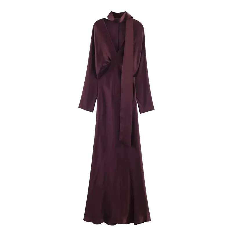 2026 New Scarf Solid Elegant Maxi Dresses Women Spring V Neck Long Sleeve Club Party Long Dress Female Chic Slim Fit Dresses