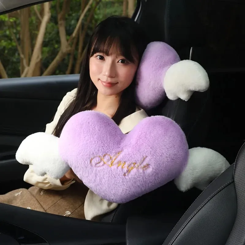 28x58cm 2Pcs Cute Heart‑Shaped Car Headrest Pillow With Angel Wings Soft Plush Auto Neck Support Cushion Car Seat Head Pillow — image 5