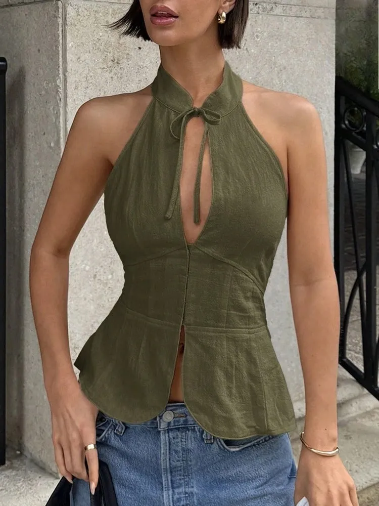 Woman Halter Neck Backless Fitted Crop Top Sleeveless Summer Street Stand Collar Slim Solid Color Tie Front Waist Fitted Top — image 4