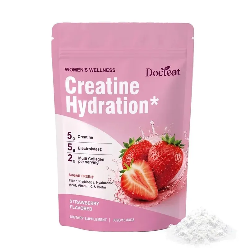 Docteat Creatine Powder Electrolytes Collagen Vitamin C Biotin Sugar Free Strawberry Flavor Women Fitness Wellness 30 Servings