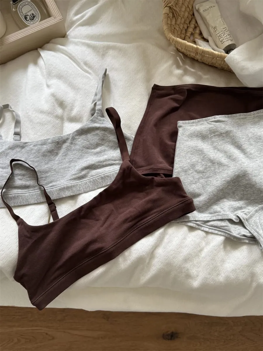 Solid Cotton Sport Set Woman Adjusted-strap Seamless Bras+Low Waist Boxer Briefs Casual Simple High Elasticity Lingerie Sets — image 3